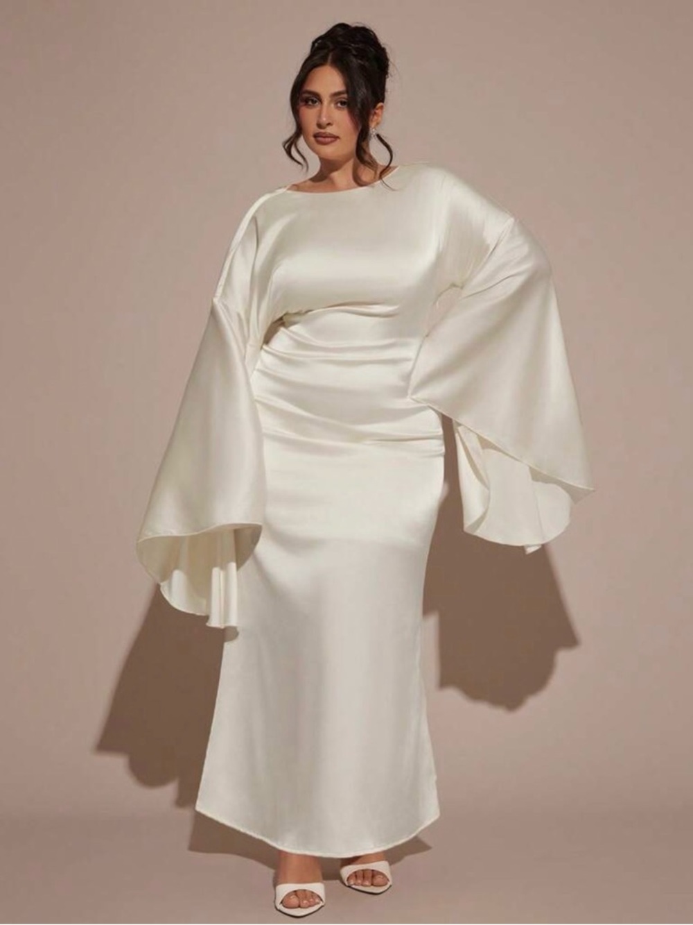 Elegant White Satin Maxi Dress with Dramatic Bell Sleeves